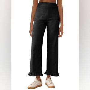 Womens Wide Leg Pants Casual High Waisted Ruffle Hem Zipper Loose Fit, Black, M